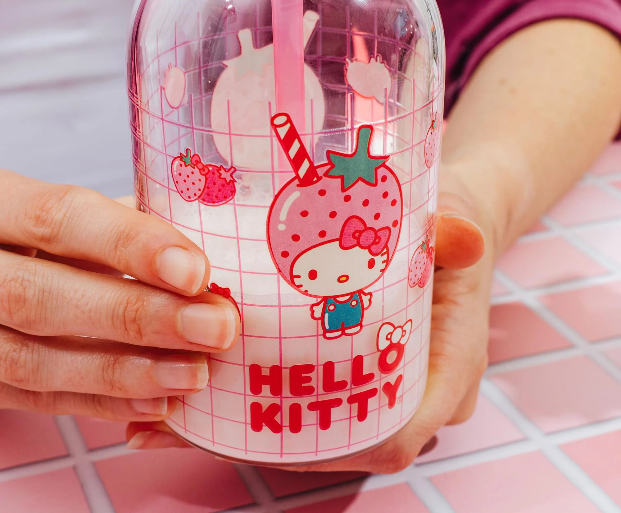 Sanrio Hello Kitty Pink Strawberry 15-Ounce Glass Milk Bottle With Straw - Image 8