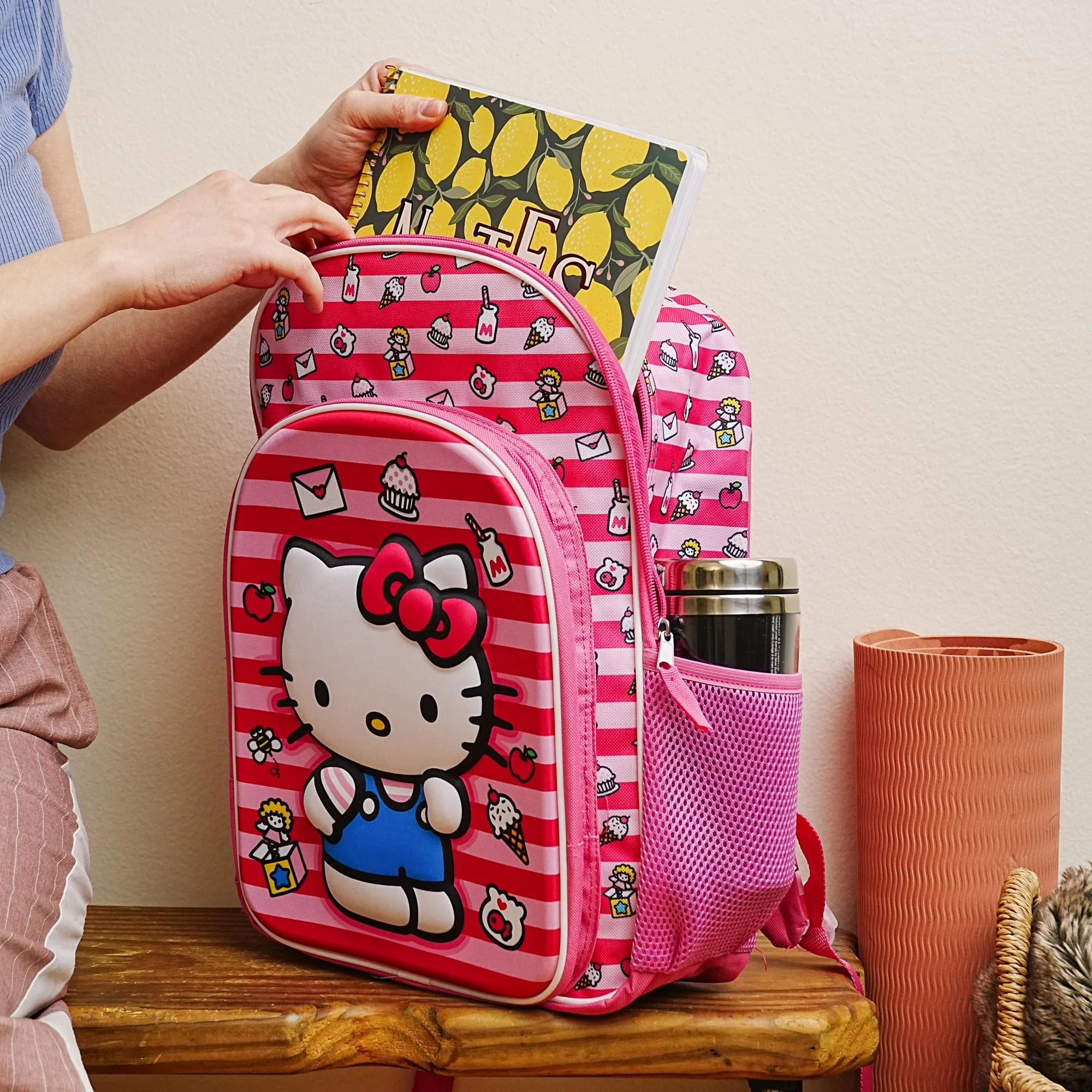 Sanrio Hello Kitty Pink Striped 16 Inch Backpack with Front Pocket - Image 9