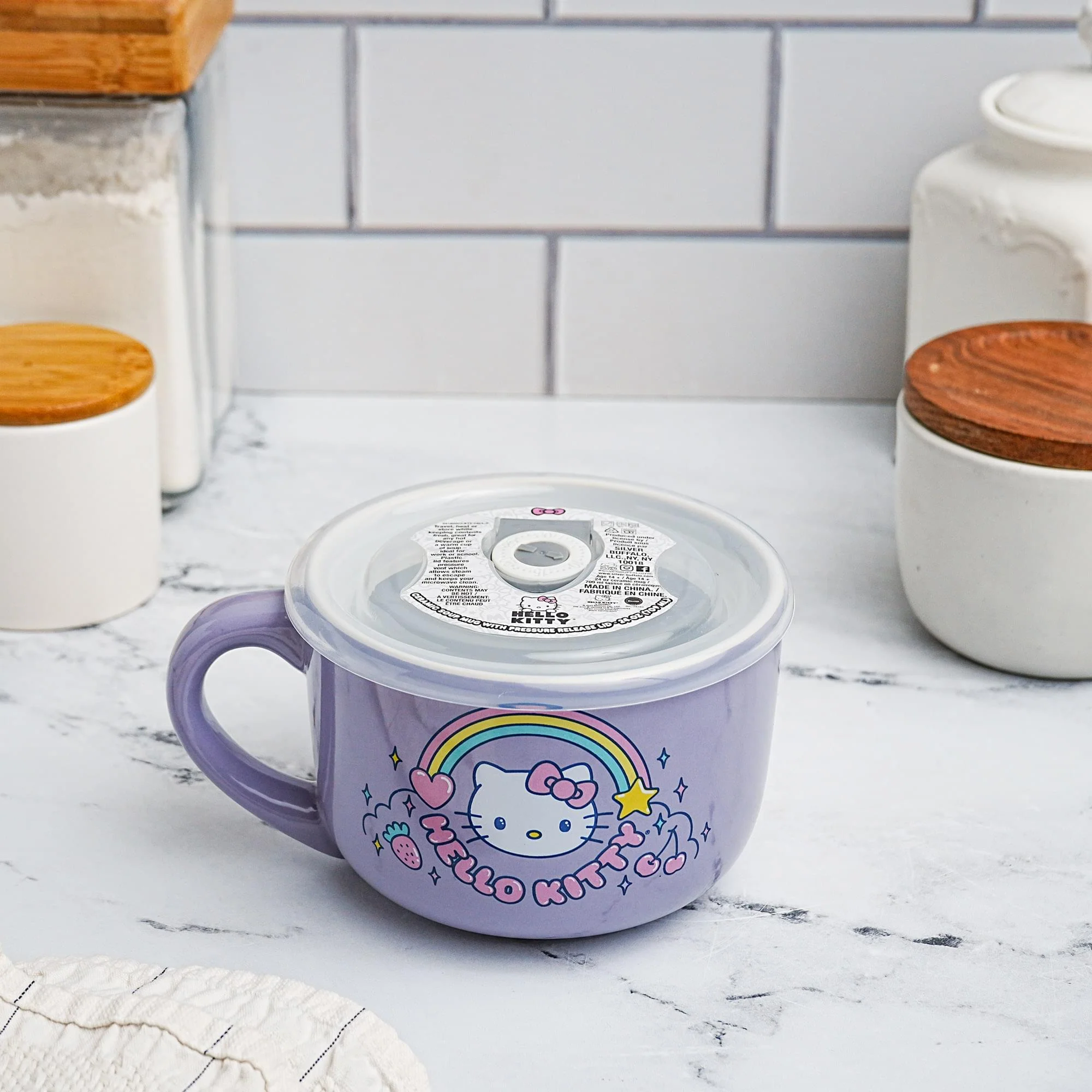 Sanrio Hello Kitty Rainbow 24-Ounce Ceramic Soup Mug With Vented Lid - Image 4