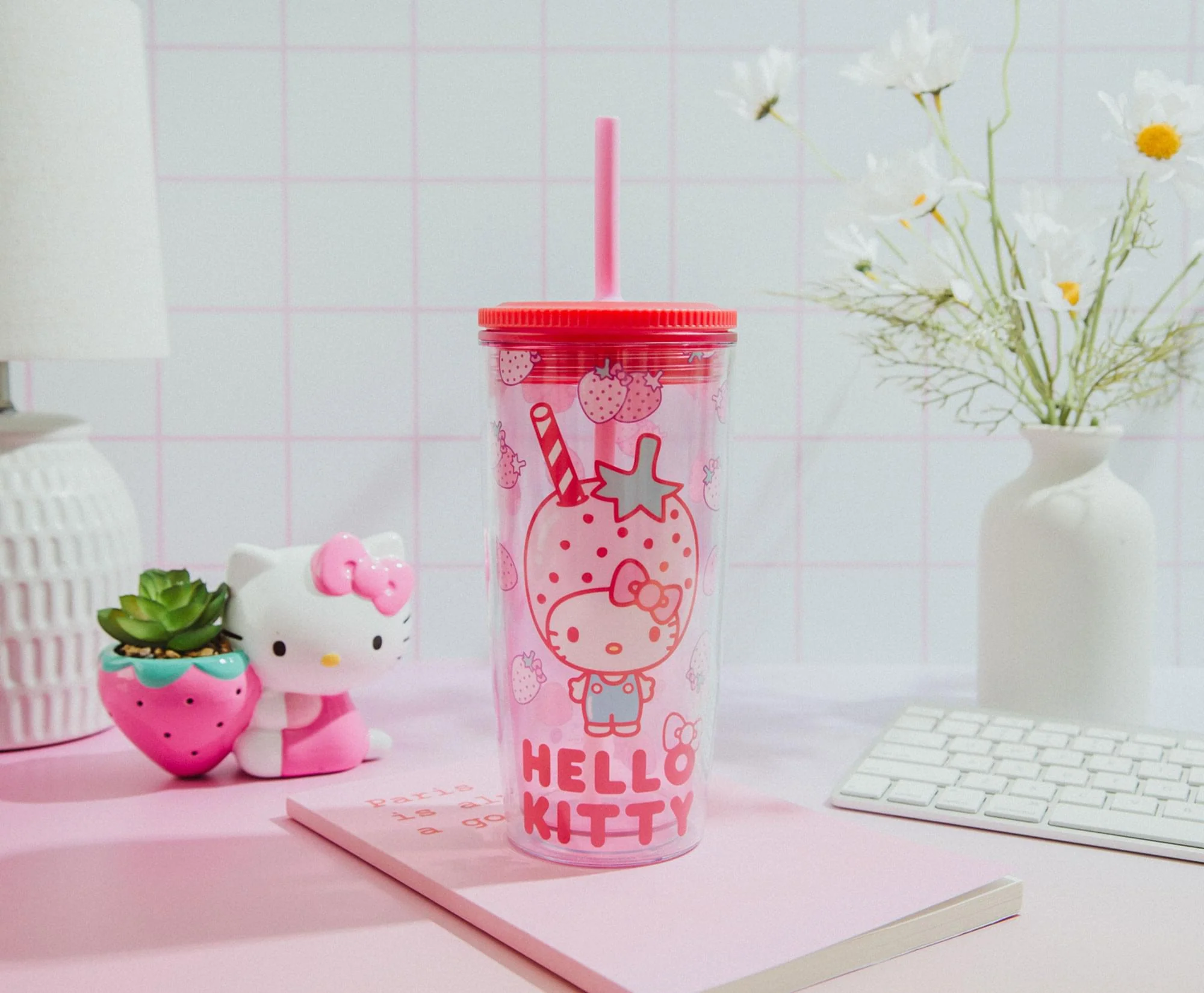 Sanrio Hello Kitty Strawberries Plastic Tumbler With Lid and Straw | 20 Ounces - Image 4
