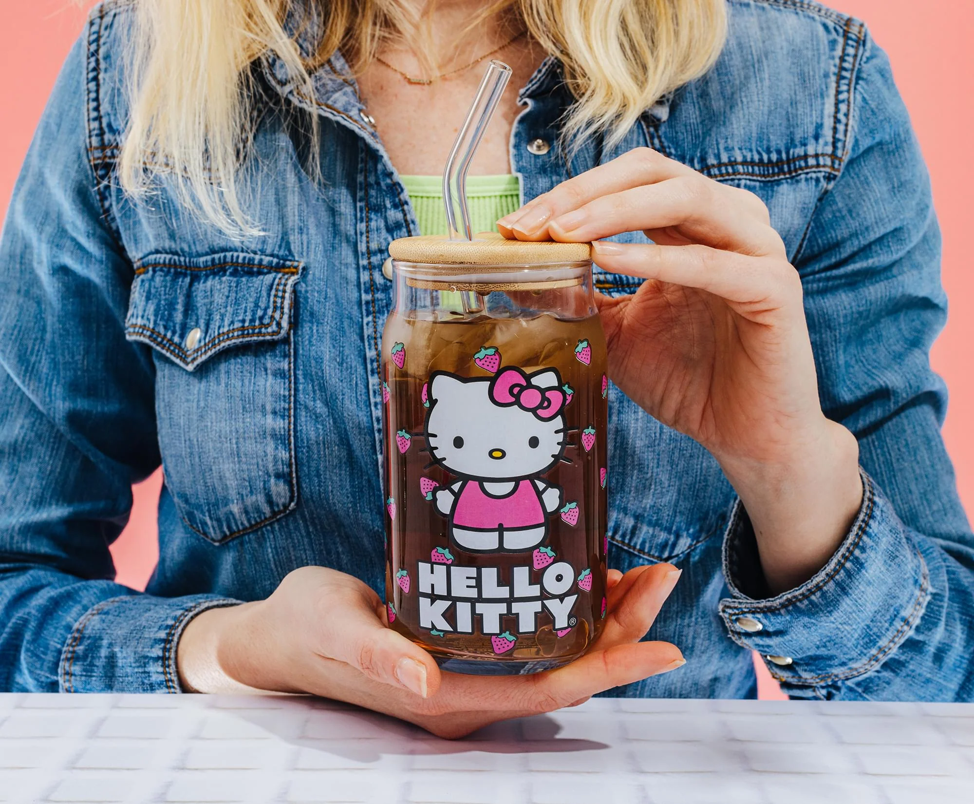 Sanrio Hello Kitty Strawberry 16-Ounce Glass Tumbler With Bamboo Lid and Straw - Image 7
