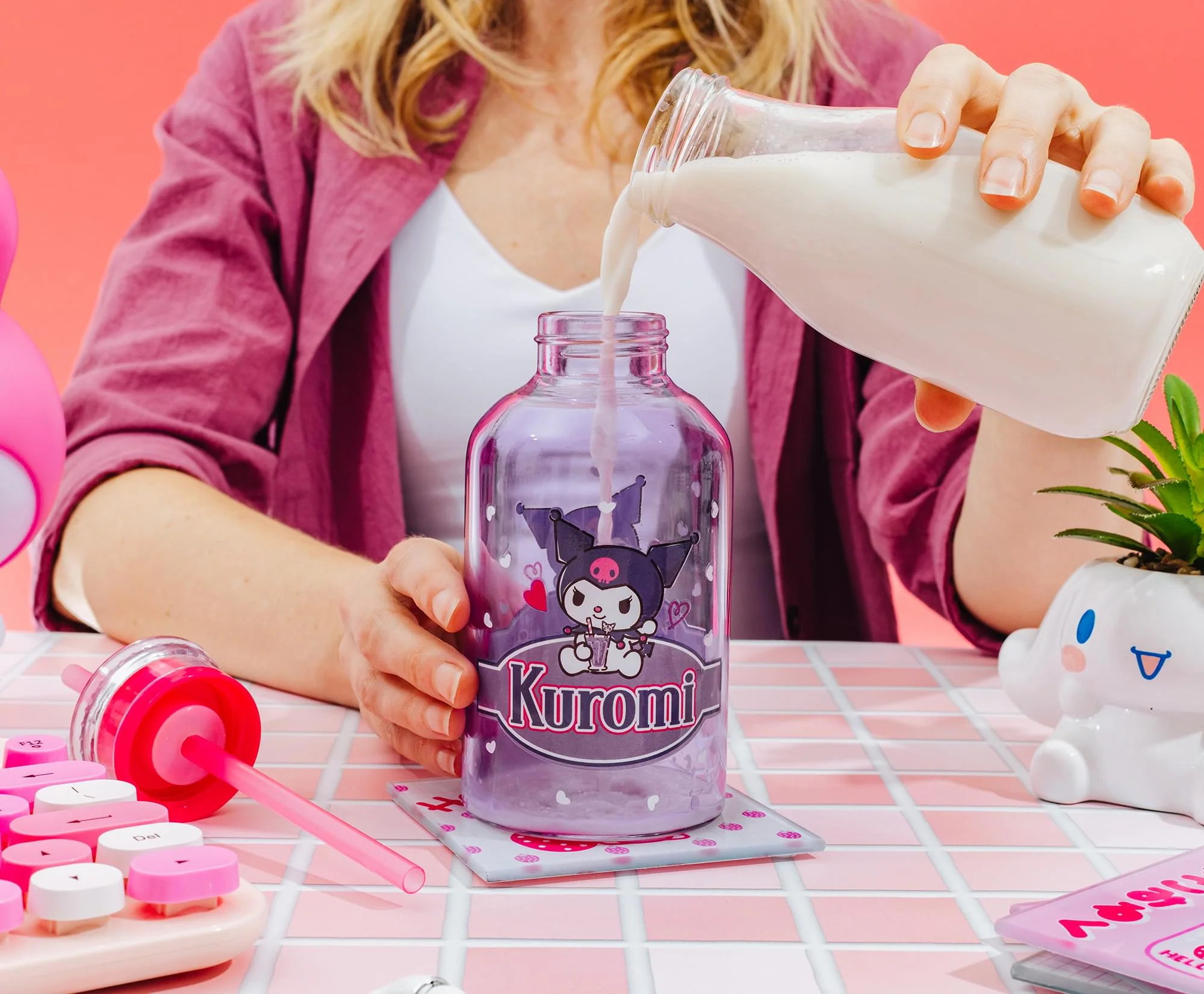 Sanrio Kuromi Hearts Glass Milk Bottle With Straw | Holds 15 Ounces - Image 7