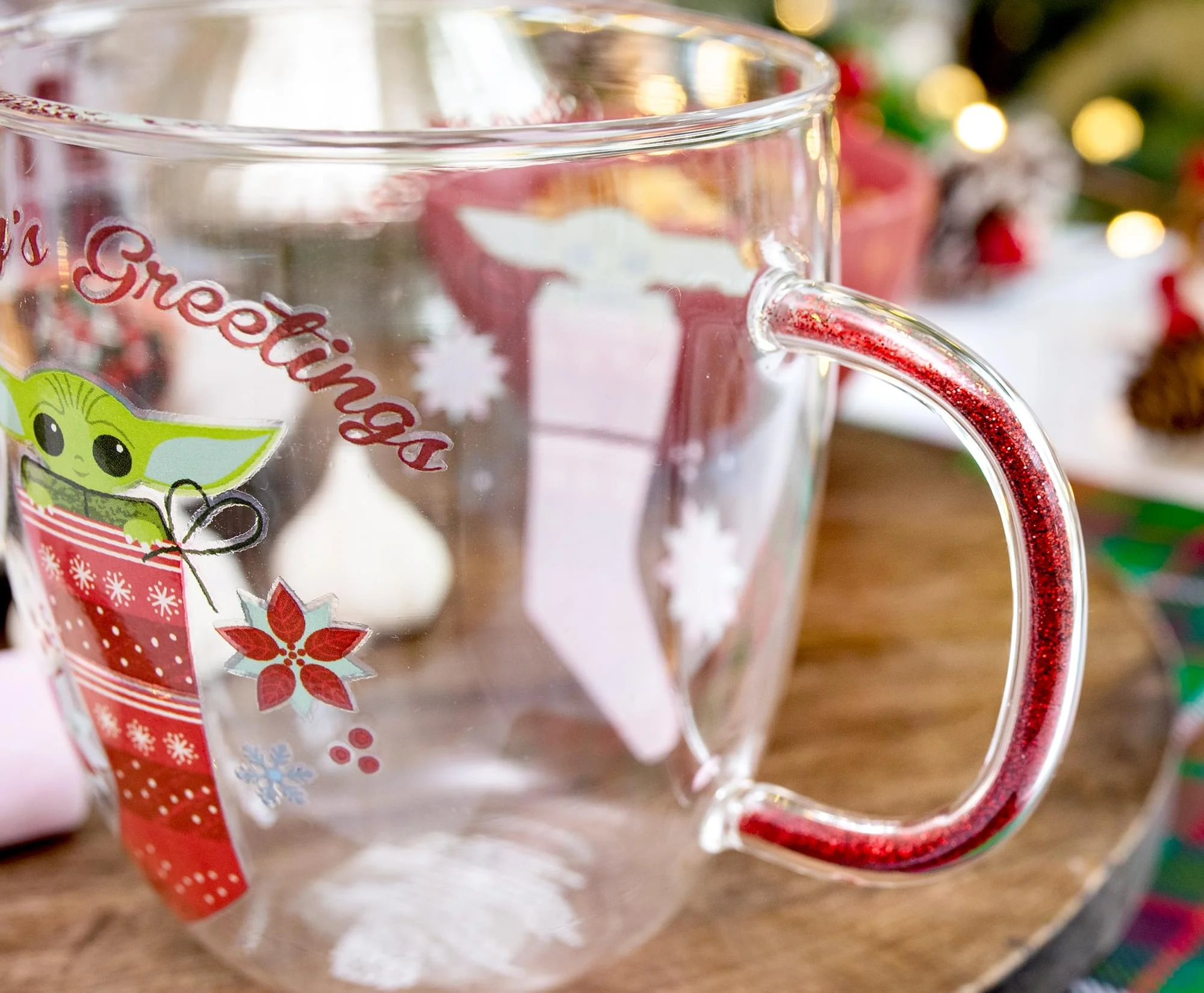 Star Wars: The Mandalorian Grogu Holiday Glitter Handle Glass Mug | 14 Ounces - Image 4