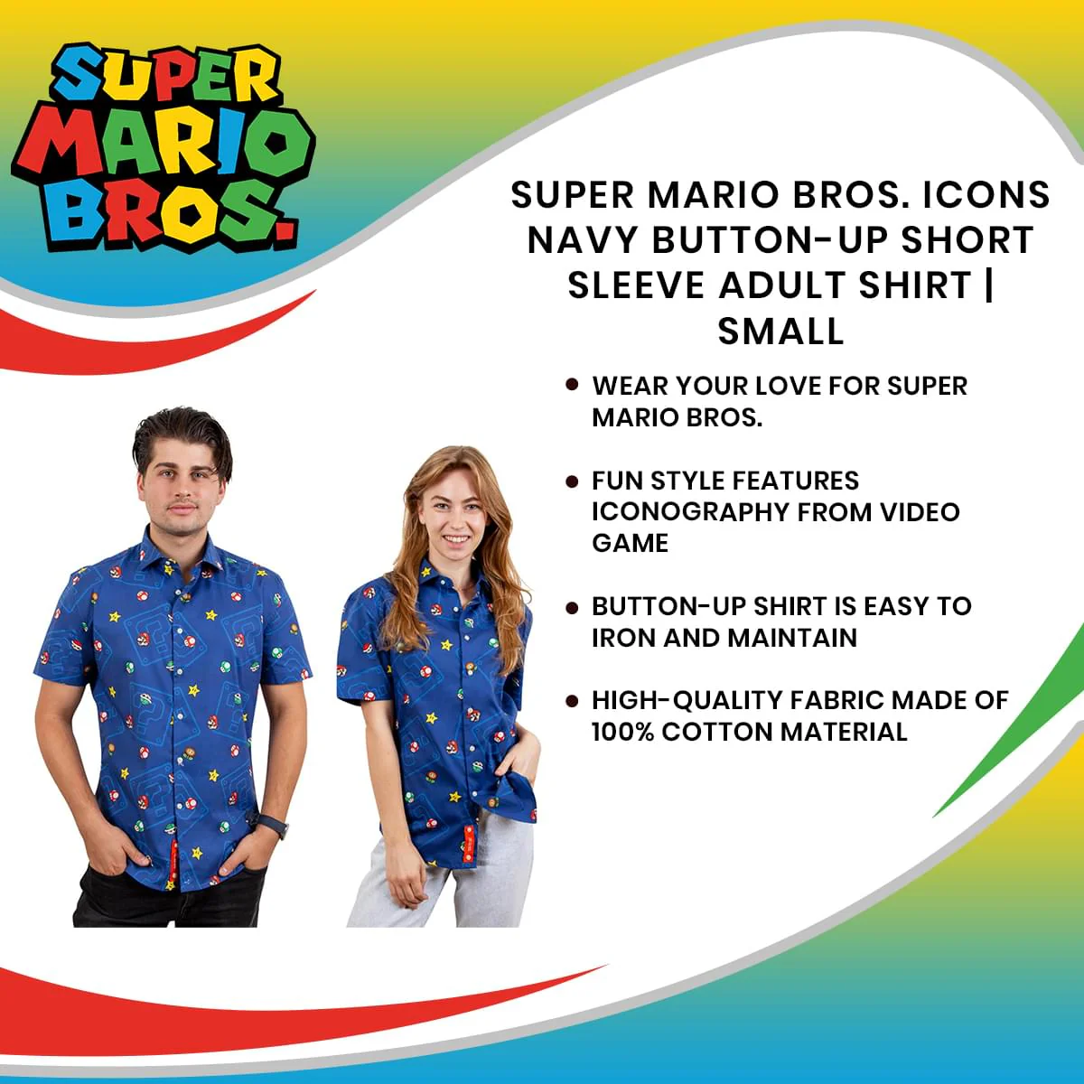 Super Mario Bros. Icons Navy Button-Up Short Sleeve Adult Shirt - Image 10