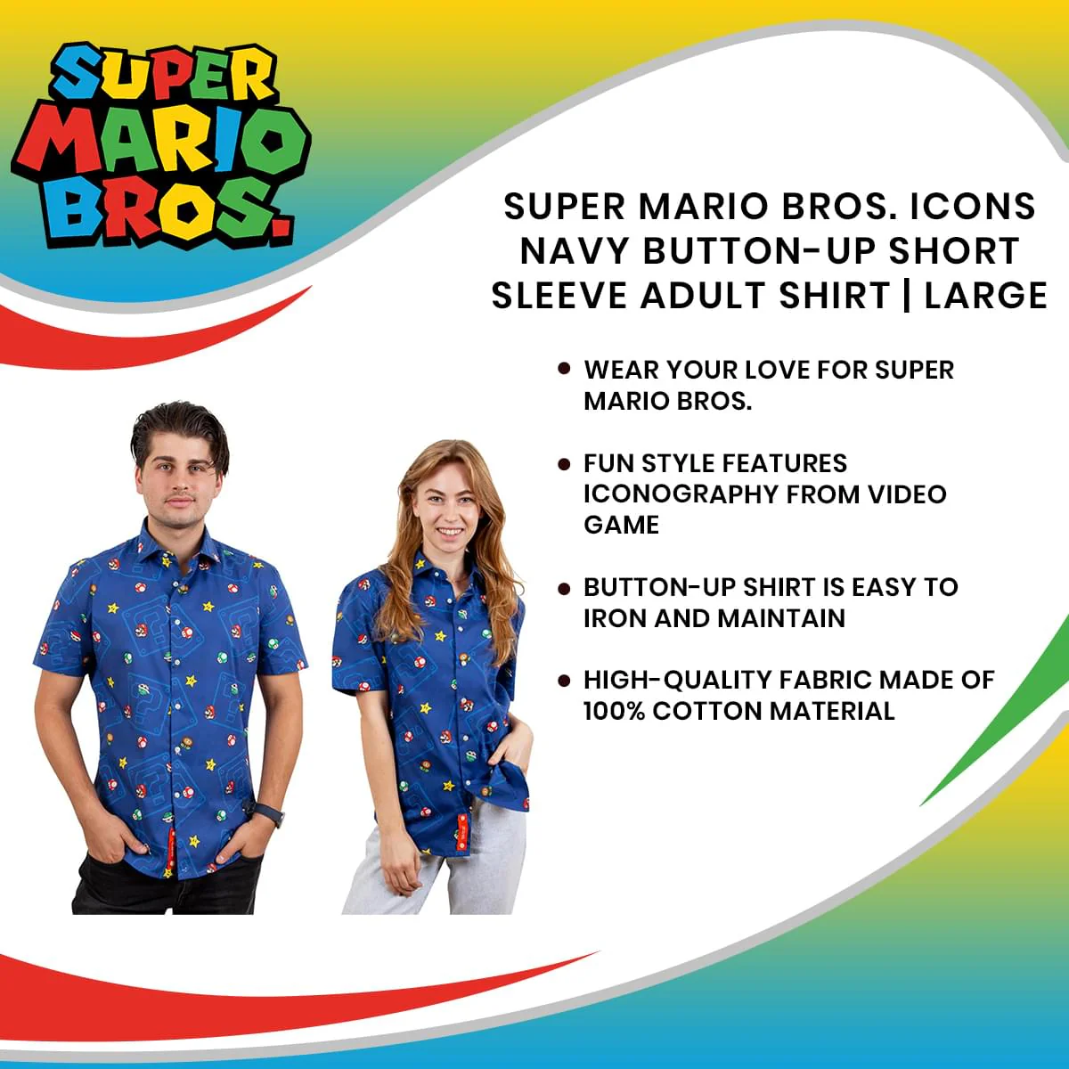 Super Mario Bros. Icons Navy Button-Up Short Sleeve Adult Shirt - Image 11