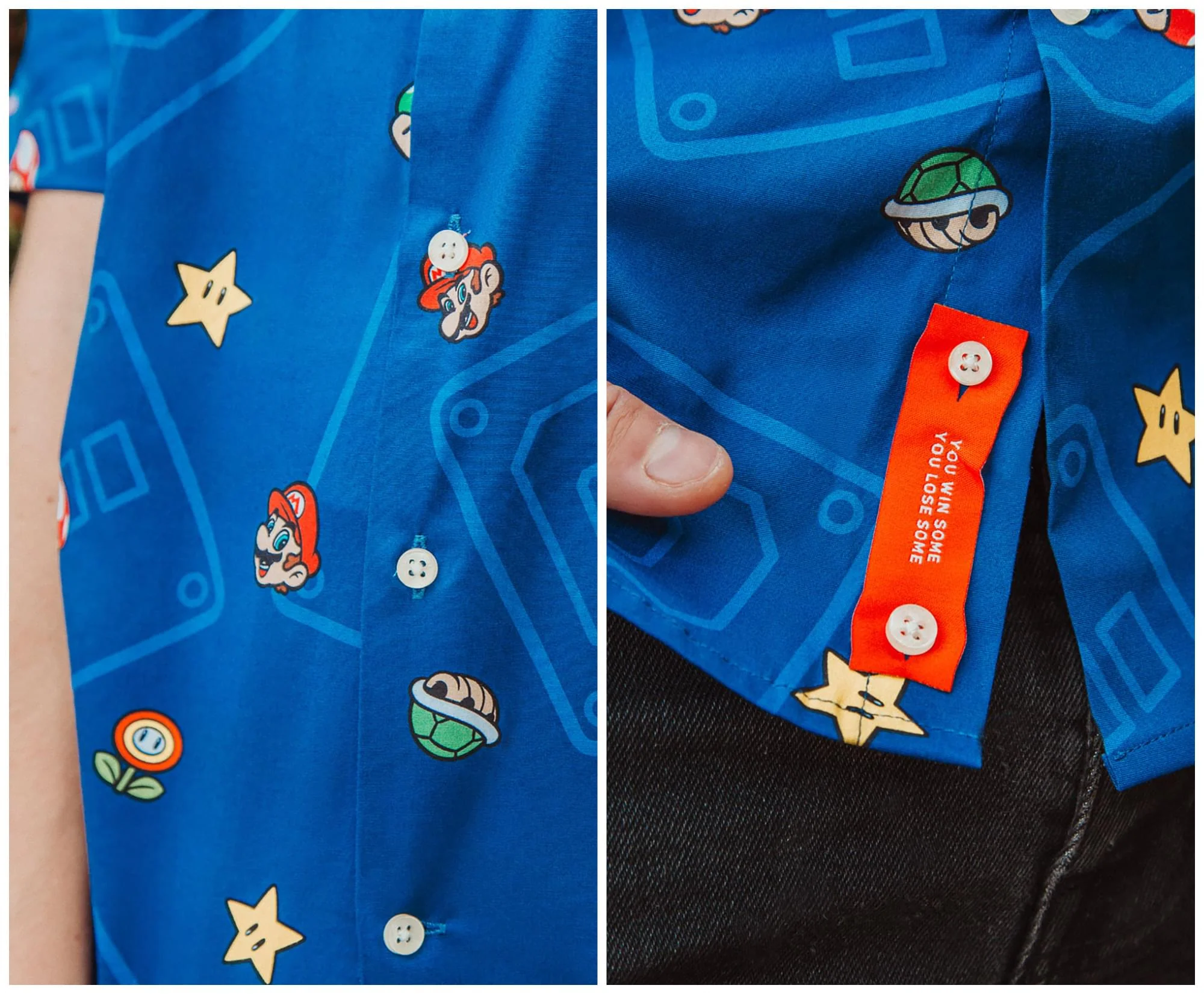Super Mario Bros. Icons Navy Button-Up Short Sleeve Adult Shirt - Image 4
