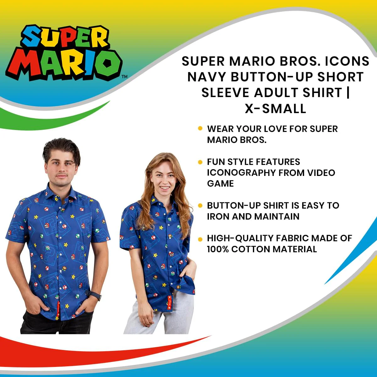 Super Mario Bros. Icons Navy Button-Up Short Sleeve Adult Shirt - Image 8