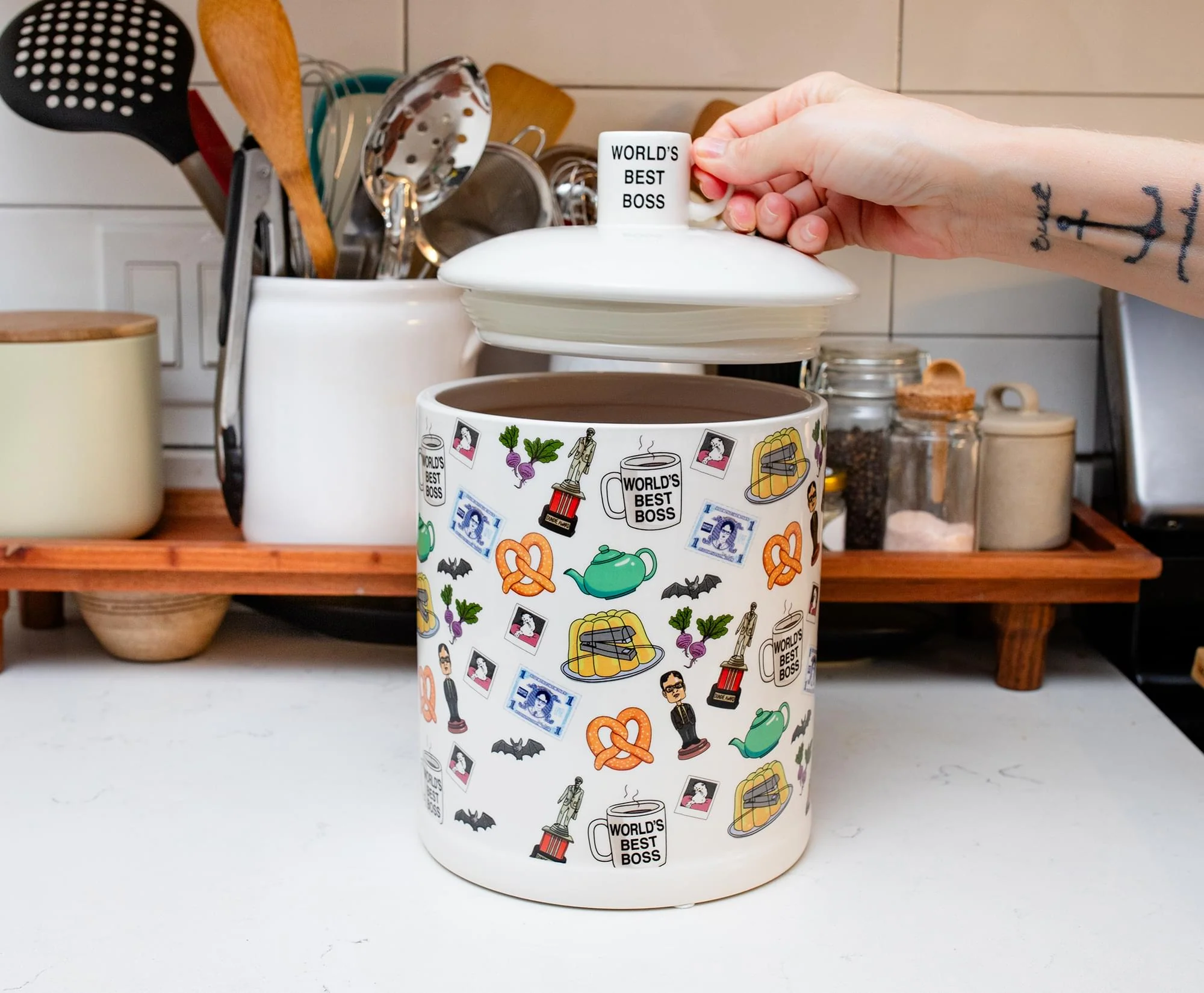 The Office Icons Ceramic Snack Jar With Molded Knob Lid | 10 Inches Tall - Image 8