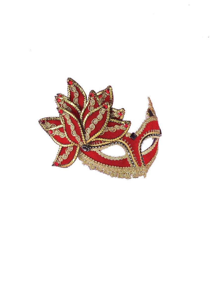Venetian Half Mask Red With Gold Trim & Gems Costume Accessory