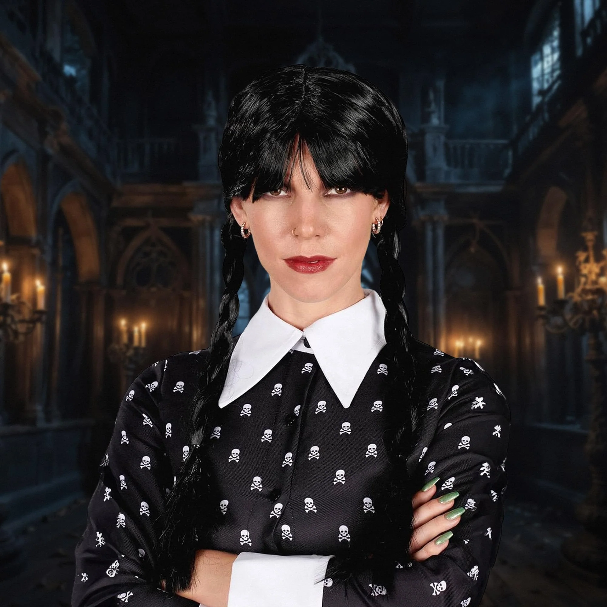 Gothic Girl Black Braided Black Adult Costume Wig - Image 2