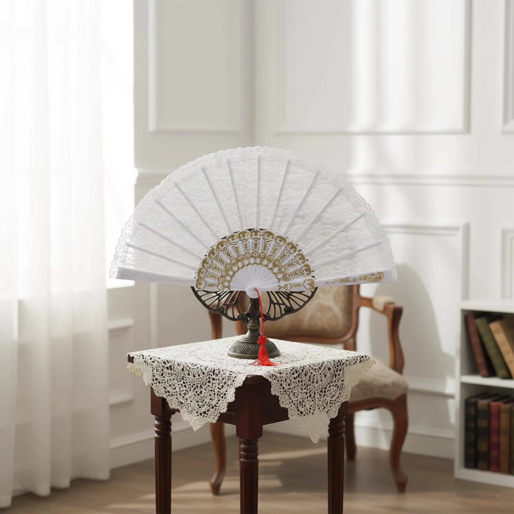 White Lace Fan Adult Costume Accessory - Image 3