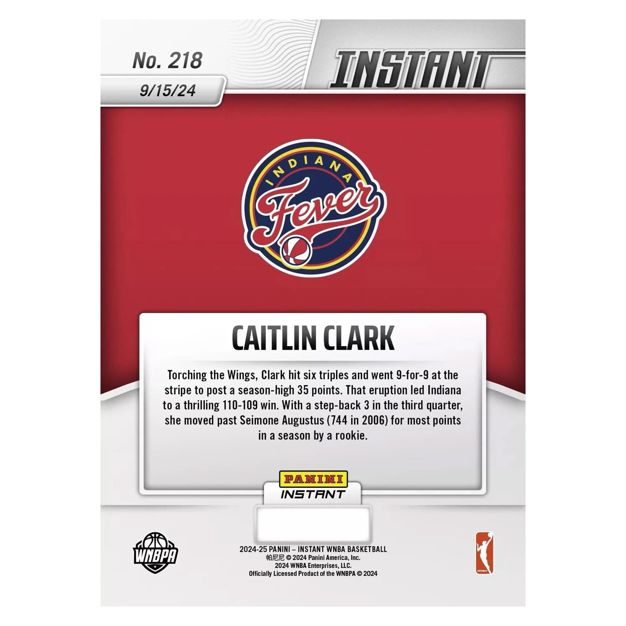 WNBA 2024 Panini Instant Base Card | #218 Caitlin Clark - Image 2