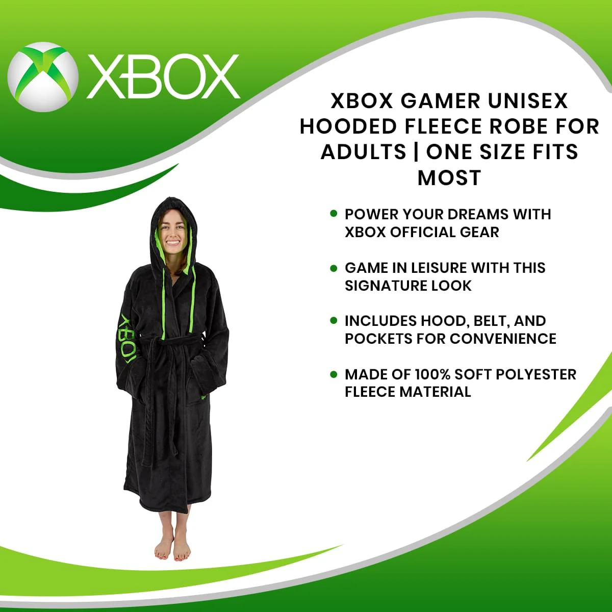 Xbox Gamer Unisex Hooded Fleece Robe for Adults | One Size Fits Most - Image 7