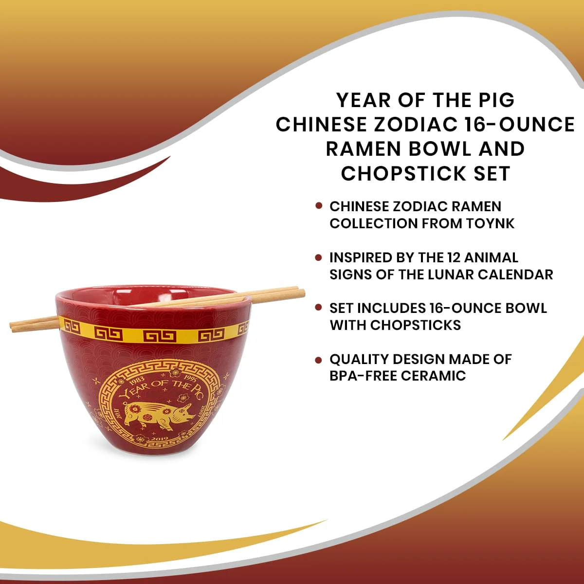 Year Of The Pig Chinese Zodiac 16-Ounce Ramen Bowl and Chopstick Set - Image 7